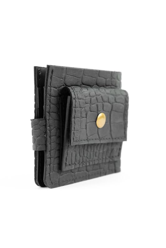 Шкіряний гаманець гаманець біфолд на кнопці Classic чорний під крокодила